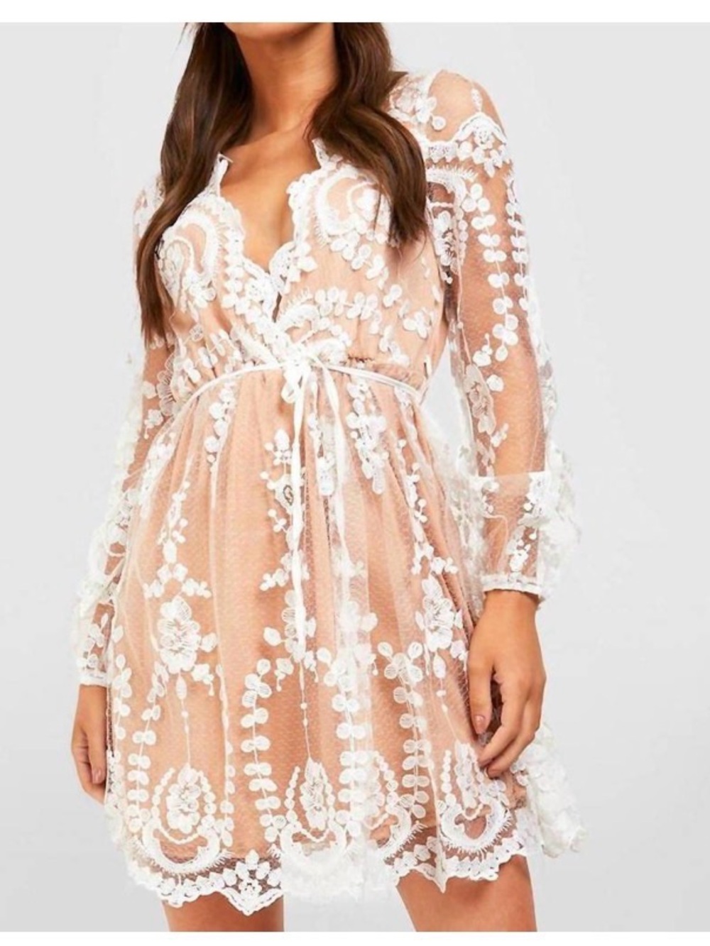 Boohoo Nude Sheer Floral Lace Skater Dress with White Embroidery